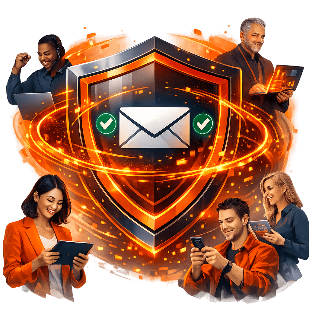 Icône du processus de vérification d’e‑mail montrant le contrôle et la validation