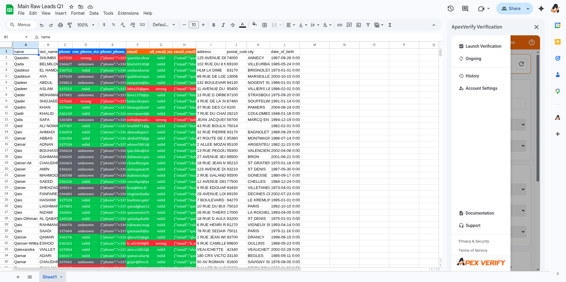 Apex Verify interface used with Google Sheets workflow to verify spreadsheet data