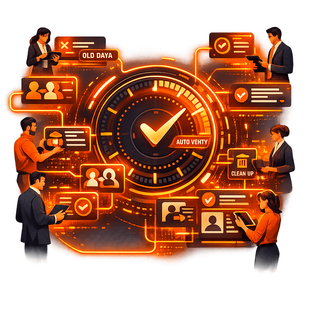 Workflow automatisé de maintenance des données CRM montrant des tâches de vérification planifiées Workflow automatisé de maintenance des données CRM montrant des tâches de vérification planifiées