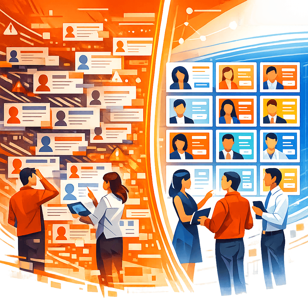 Comparaison avant/après de la qualité des données CRM montrant une liste de contacts nettoyée Comparaison avant/après de la qualité des données CRM montrant une liste de contacts nettoyée