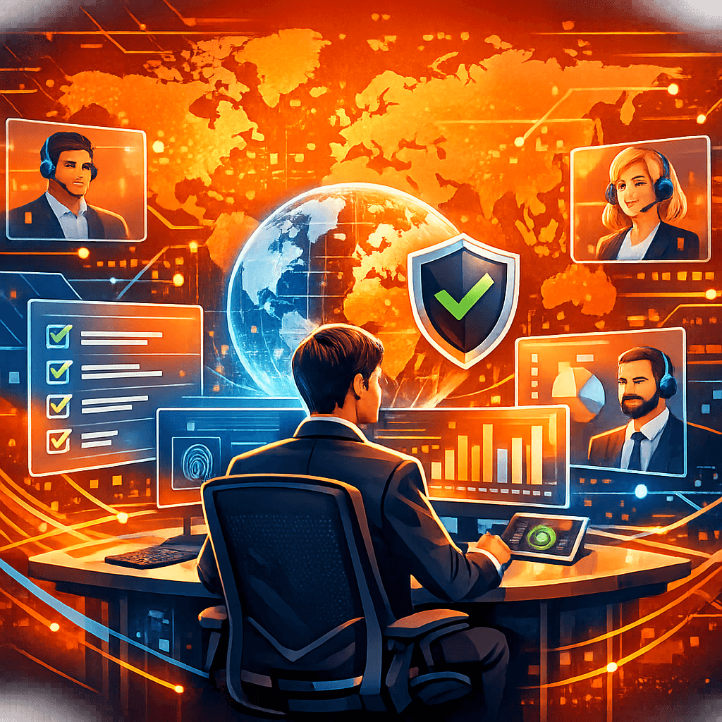 Business compliance officer reviewing data verification reports Business compliance officer reviewing data verification reports