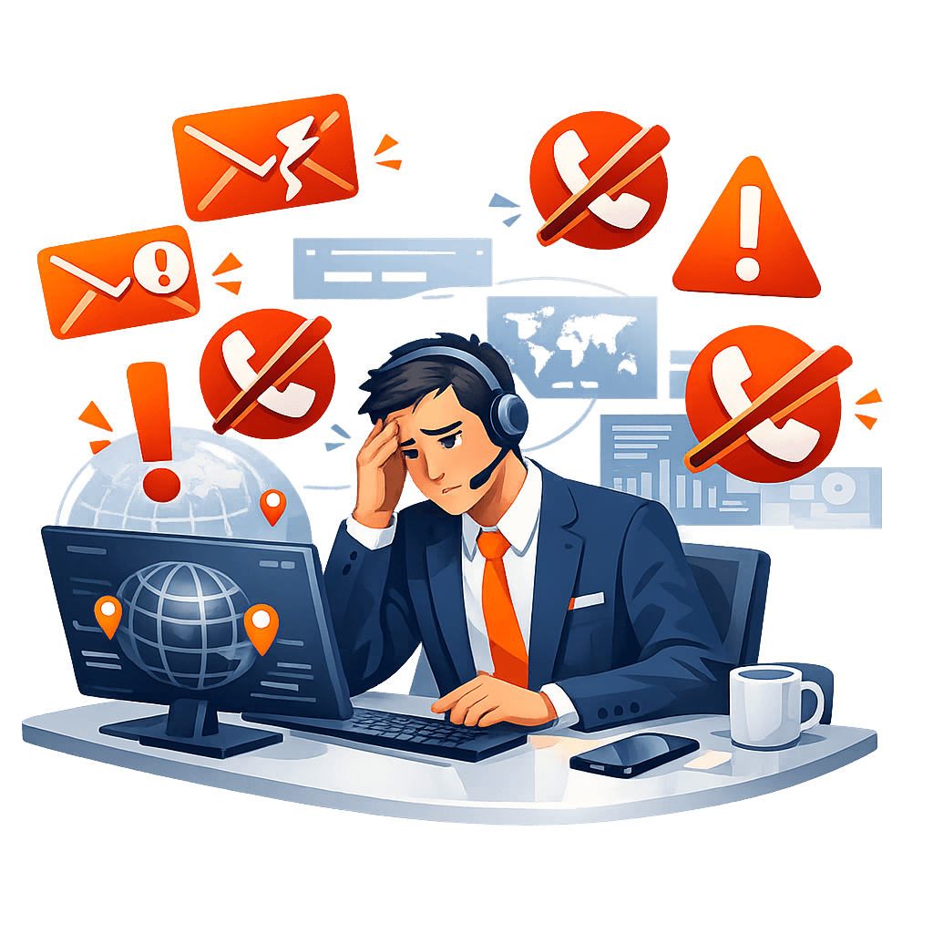 Représentant commercial frustré confronté à des e‑mails rejetés et des appels coupés Représentant commercial frustré confronté à des e‑mails rejetés et des appels coupés