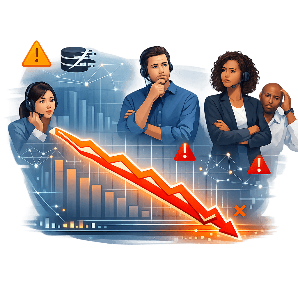 Graphique montrant la baisse des indicateurs de performance du centre d’appels due aux mauvaises données de contact Graphique montrant la baisse des indicateurs de performance du centre d’appels due aux mauvaises données de contact