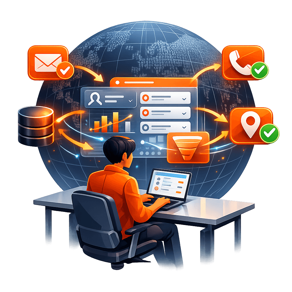 Marketing professional using lead data automation tool to verify contact information Marketing professional using lead data automation tool to verify contact information