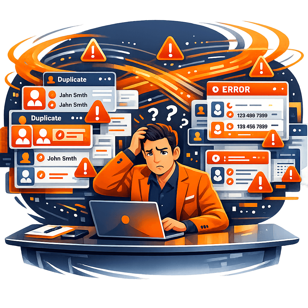 Commercial frustré par des erreurs de données CRM et des enregistrements en double Commercial frustré par des erreurs de données CRM et des enregistrements en double