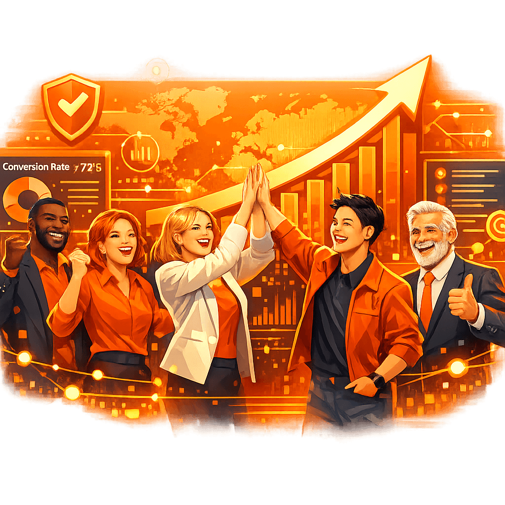 Sales team celebrating increased conversion rates with business growth tool Sales team celebrating increased conversion rates with business growth tool