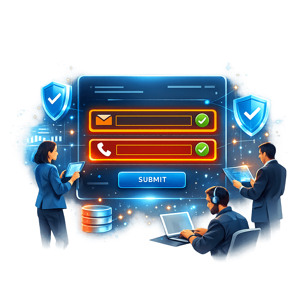 Formulaire web avec vérification des données en temps réel montrant la validation des champs e-mail et téléphone Formulaire web avec vérification des données en temps réel montrant la validation des champs e-mail et téléphone